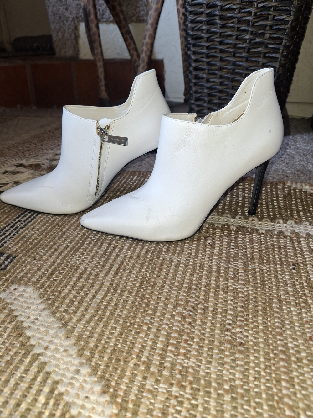 Michael Kors White Pointed Leather Ankle Booties with Side Zip
